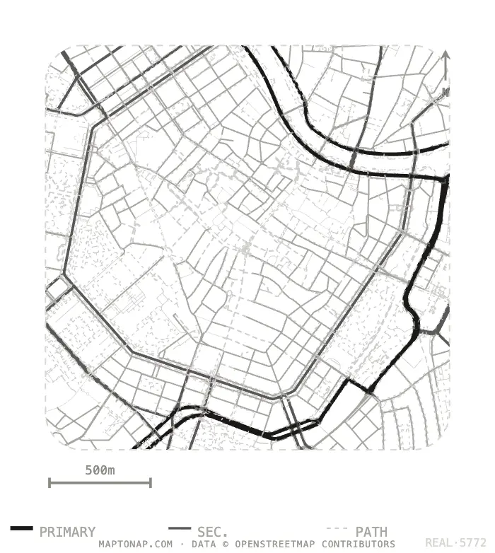 Street network map of the Innere Stadt, Vienna, with the Ringstrasse, generated in MapToNap